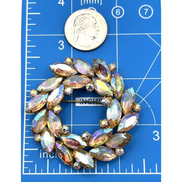 VTG Rhinestone Brooch AB Wreath Marquise Round Gold Tone J1-3020 - Picture 6 of 10